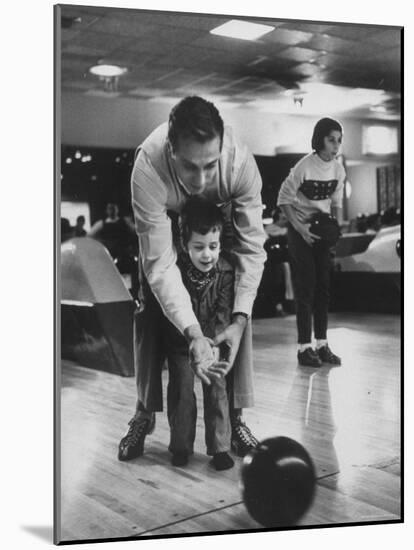 Dad Showing 3 Year Old Daughter the Basics of Bowling-George Silk-Mounted Photographic Print