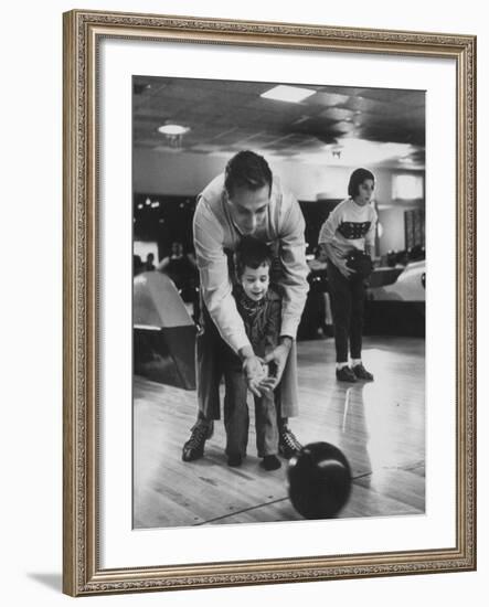 Dad Showing 3 Year Old Daughter the Basics of Bowling-George Silk-Framed Photographic Print