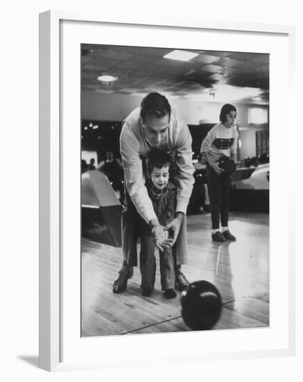 Dad Showing 3 Year Old Daughter the Basics of Bowling-George Silk-Framed Photographic Print