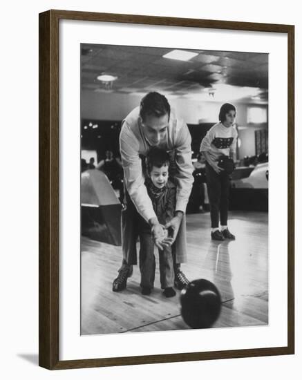 Dad Showing 3 Year Old Daughter the Basics of Bowling-George Silk-Framed Photographic Print