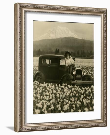 Daffodil Field, Automobile and Mount Rainier, ca. 1929-Marvin Boland-Framed Giclee Print