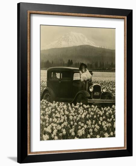 Daffodil Field, Automobile and Mount Rainier, ca. 1929-Marvin Boland-Framed Giclee Print