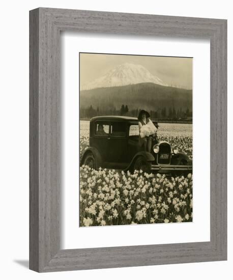 Daffodil Field, Automobile and Mount Rainier, ca. 1929-Marvin Boland-Framed Giclee Print