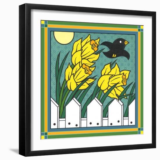 Daffodils 3 with Kernal the Crow-Denny Driver-Framed Giclee Print