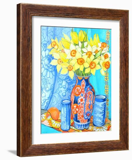 Daffodils and Tulips in an Imani Vase; Oranges and Textiles-Joan Thewsey-Framed Giclee Print