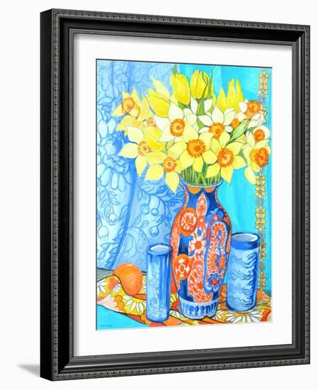 Daffodils and Tulips in an Imani Vase; Oranges and Textiles-Joan Thewsey-Framed Giclee Print