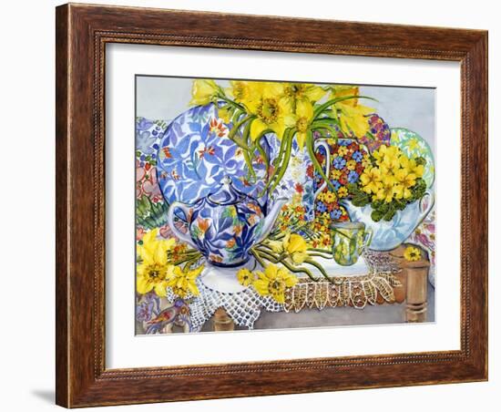 Daffodils, Antique Jugs, Plates, Textiles and Lace, 2012-Joan Thewsey-Framed Giclee Print