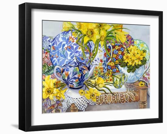 Daffodils, Antique Jugs, Plates, Textiles and Lace, 2012-Joan Thewsey-Framed Giclee Print