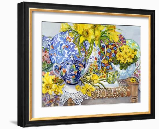 Daffodils, Antique Jugs, Plates, Textiles and Lace, 2012-Joan Thewsey-Framed Giclee Print