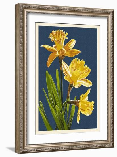 Daffodils - Blue Background-Lantern Press-Framed Art Print