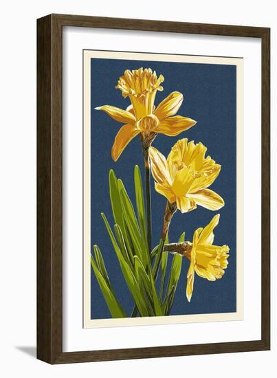 Daffodils - Blue Background-Lantern Press-Framed Art Print