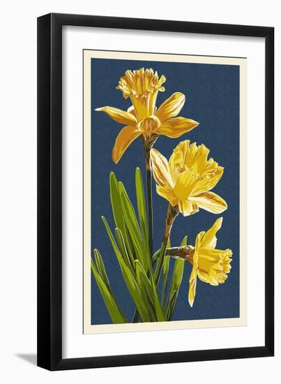 Daffodils - Blue Background-Lantern Press-Framed Art Print