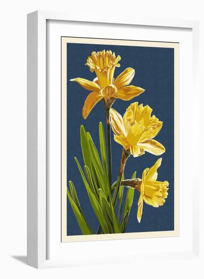 Daffodils - Blue Background-Lantern Press-Framed Art Print