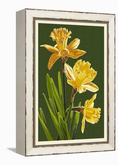 Daffodils - Green Background-Lantern Press-Framed Stretched Canvas