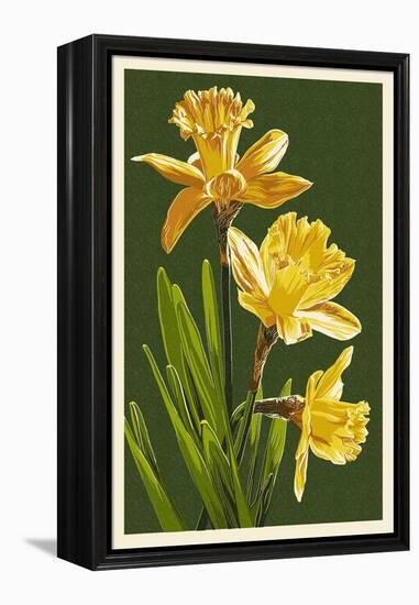 Daffodils - Green Background-Lantern Press-Framed Stretched Canvas