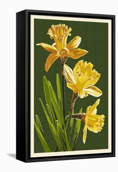 Daffodils - Green Background-Lantern Press-Framed Stretched Canvas