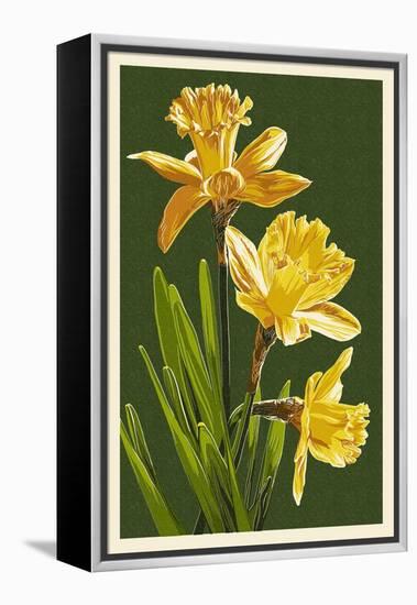 Daffodils - Green Background-Lantern Press-Framed Stretched Canvas