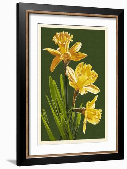 Daffodils - Green Background-Lantern Press-Framed Art Print