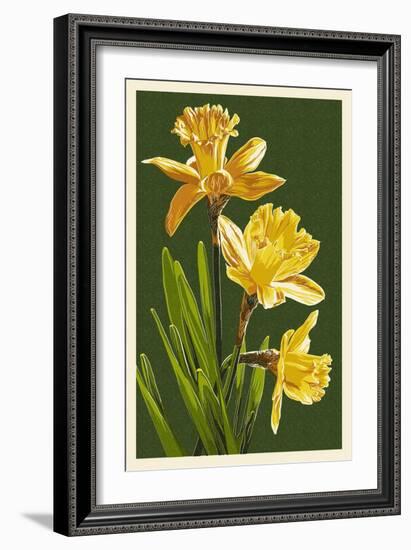 Daffodils - Green Background-Lantern Press-Framed Art Print