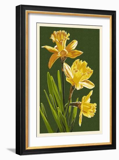 Daffodils - Green Background-Lantern Press-Framed Art Print