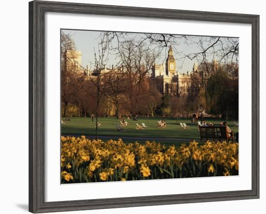 Daffodils in St. James's Park, with Big Ben Behind, London, England, United Kingdom-I Vanderharst-Framed Photographic Print