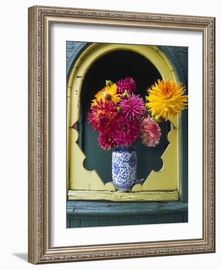 Dahlia Flowers in Vase, Ornate Window Frame, Bellingham, Washington, USA-Steve Satushek-Framed Photographic Print