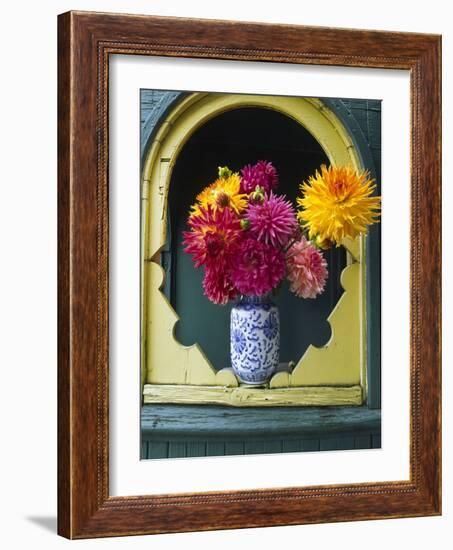 Dahlia Flowers in Vase, Ornate Window Frame, Bellingham, Washington, USA-Steve Satushek-Framed Photographic Print