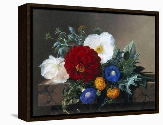 Dahlia with White Poppies, Cherianthus and Morning Glories-Johan Laurentz Jensen-Framed Premier Image Canvas