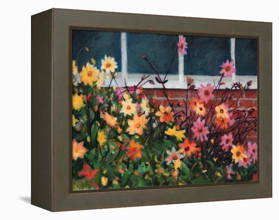 Dahlias, 2022, (Acrylics on Canvas)-Helen White-Framed Premier Image Canvas