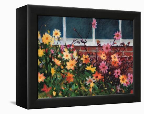 Dahlias, 2022, (Acrylics on Canvas)-Helen White-Framed Premier Image Canvas