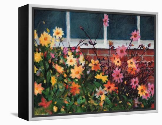 Dahlias, 2022, (Acrylics on Canvas)-Helen White-Framed Premier Image Canvas