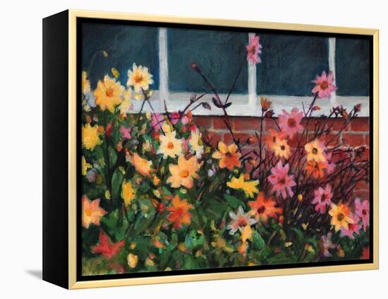 Dahlias, 2022, (Acrylics on Canvas)-Helen White-Framed Premier Image Canvas