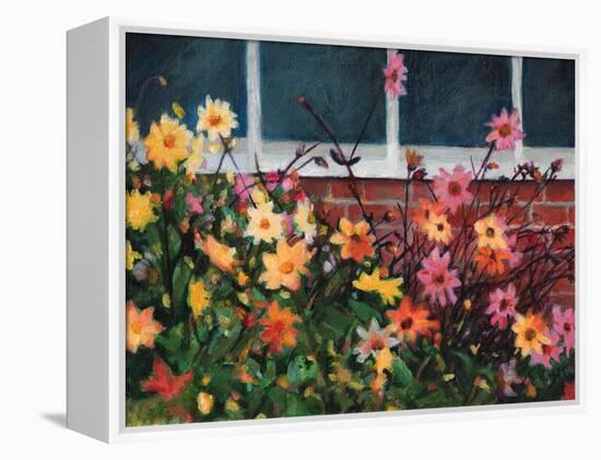 Dahlias, 2022, (Acrylics on Canvas)-Helen White-Framed Premier Image Canvas