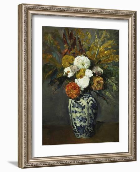 Dahlias in a Delft Vase, 1873-Paul Cézanne-Framed Giclee Print