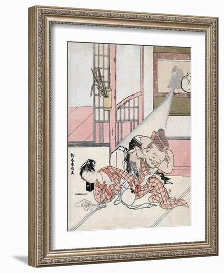 Daikoku from a Painting Taking a Peek under a Woman's Kimono, Japanese Wood-Cut Print-Lantern Press-Framed Art Print