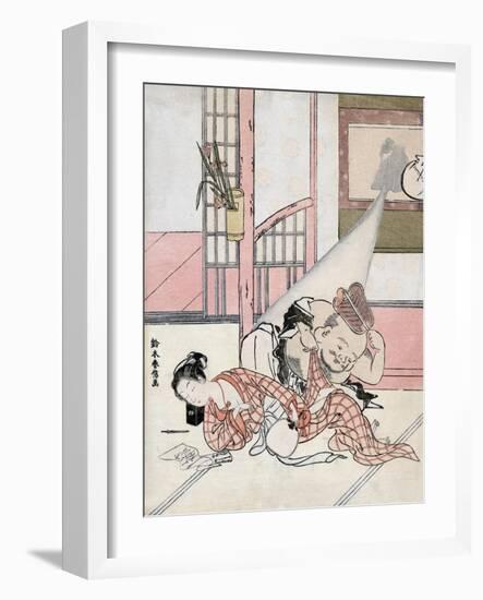 Daikoku from a Painting Taking a Peek under a Woman's Kimono, Japanese Wood-Cut Print-Lantern Press-Framed Art Print