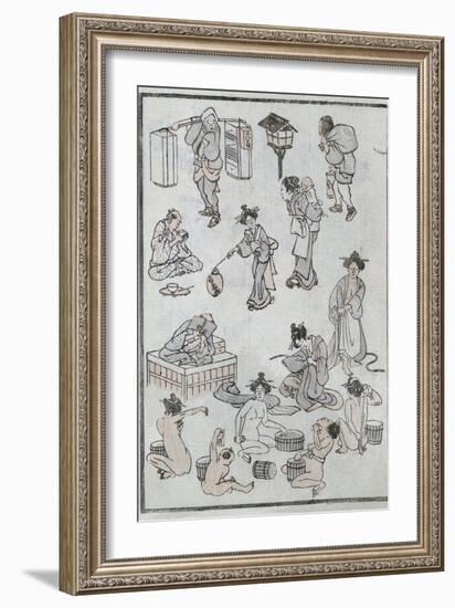 Daily Life Gestures, from a Manga (Colour Woodblock Print)-Katsushika Hokusai-Framed Giclee Print