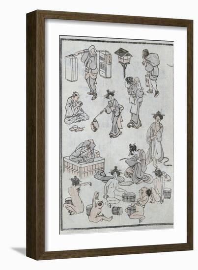 Daily Life Gestures, from a Manga (Colour Woodblock Print)-Katsushika Hokusai-Framed Giclee Print