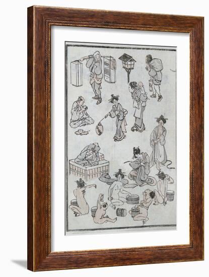 Daily Life Gestures, from a Manga (Colour Woodblock Print)-Katsushika Hokusai-Framed Giclee Print