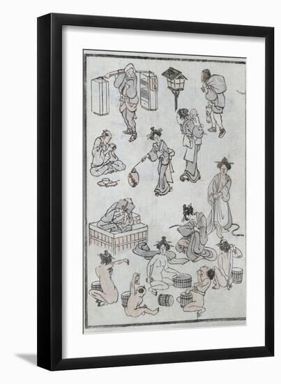Daily Life Gestures, from a Manga (Colour Woodblock Print)-Katsushika Hokusai-Framed Giclee Print