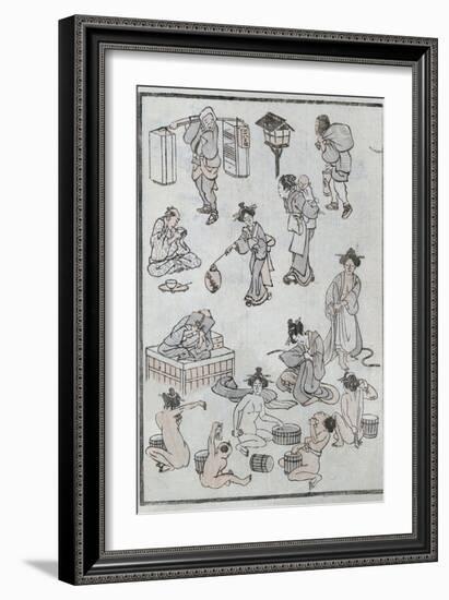 Daily Life Gestures, from a Manga (Colour Woodblock Print)-Katsushika Hokusai-Framed Giclee Print