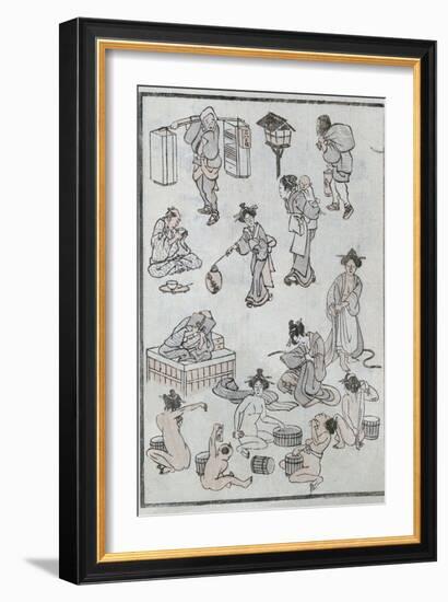 Daily Life Gestures, from a Manga (Colour Woodblock Print)-Katsushika Hokusai-Framed Giclee Print