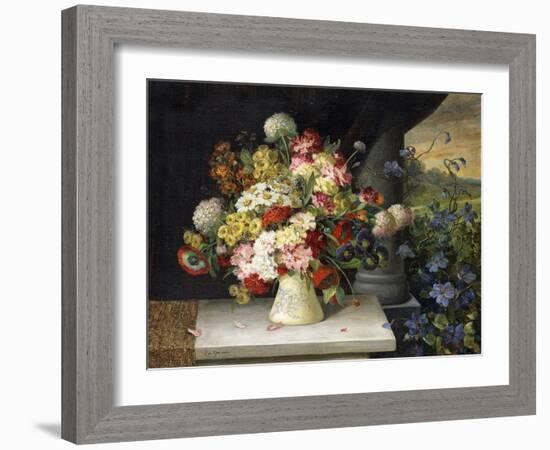 Daisies, Hydrangea, Poppies, Carnations and other Flowers in a Vase-Joseph Steiner-Framed Giclee Print