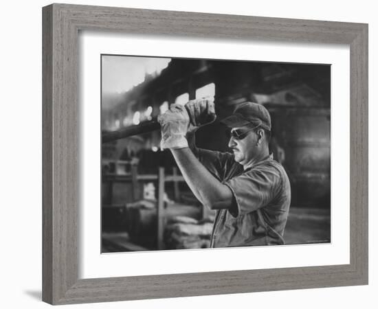 Dale Clover Skilled Steel Worker at Allegheny Ludlum Mill Uses Handled Test Spoon to Sample Steel-Peter Stackpole-Framed Photographic Print