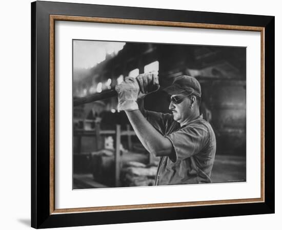 Dale Clover Skilled Steel Worker at Allegheny Ludlum Mill Uses Handled Test Spoon to Sample Steel-Peter Stackpole-Framed Photographic Print