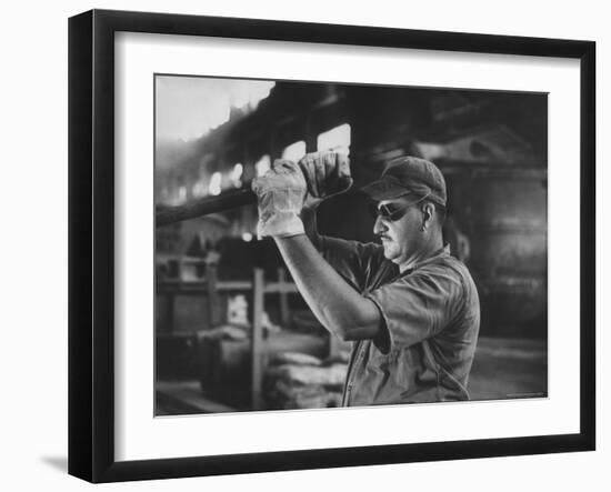 Dale Clover Skilled Steel Worker at Allegheny Ludlum Mill Uses Handled Test Spoon to Sample Steel-Peter Stackpole-Framed Photographic Print