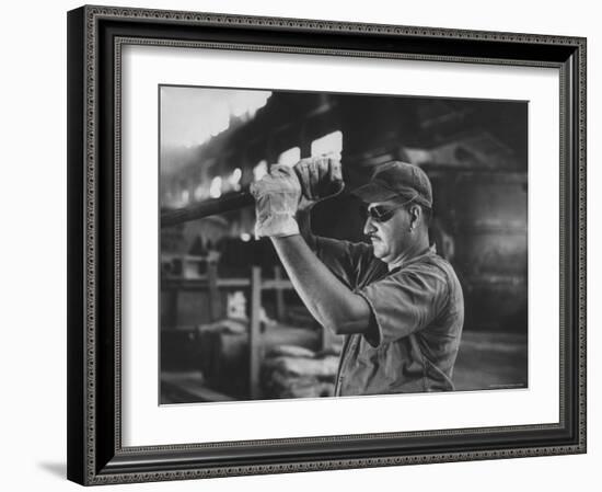 Dale Clover Skilled Steel Worker at Allegheny Ludlum Mill Uses Handled Test Spoon to Sample Steel-Peter Stackpole-Framed Photographic Print