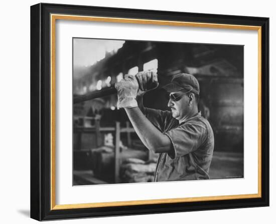Dale Clover Skilled Steel Worker at Allegheny Ludlum Mill Uses Handled Test Spoon to Sample Steel-Peter Stackpole-Framed Photographic Print