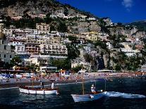 Houses Terraced into Rugged Amalfi Coastline, Boats in Foreground, Positano, Italy-Dallas Stribley-Framed Premier Image Canvas