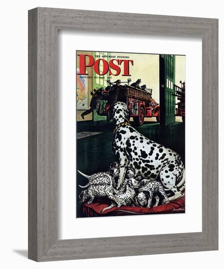 "Dalmatian and Pups," Saturday Evening Post Cover, January 13, 1945-Stevan Dohanos-Framed Giclee Print